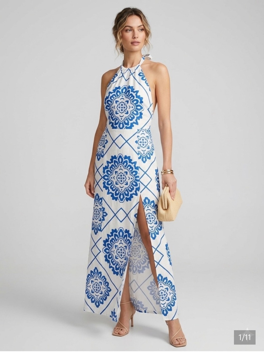 1 STATE size XL White and Blue Halter Maxi Dress
